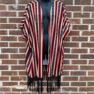 Panhandle colorful stripped fringe sleeveless poncho kimono cover up Size S/M